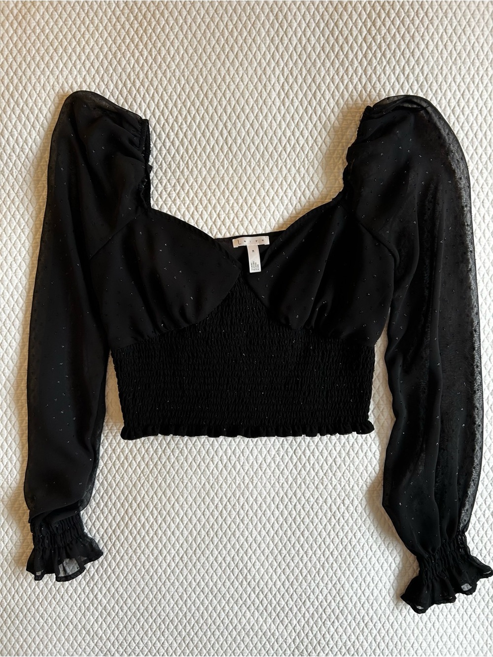 Leith Black Sheer Puff Sleeve Smocked Crop Top